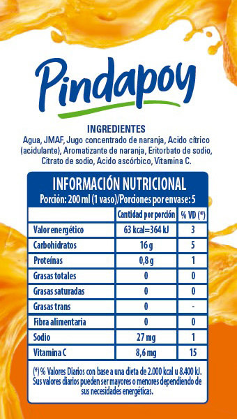 Pindapoy Sabor Naranja. Información Nutricional